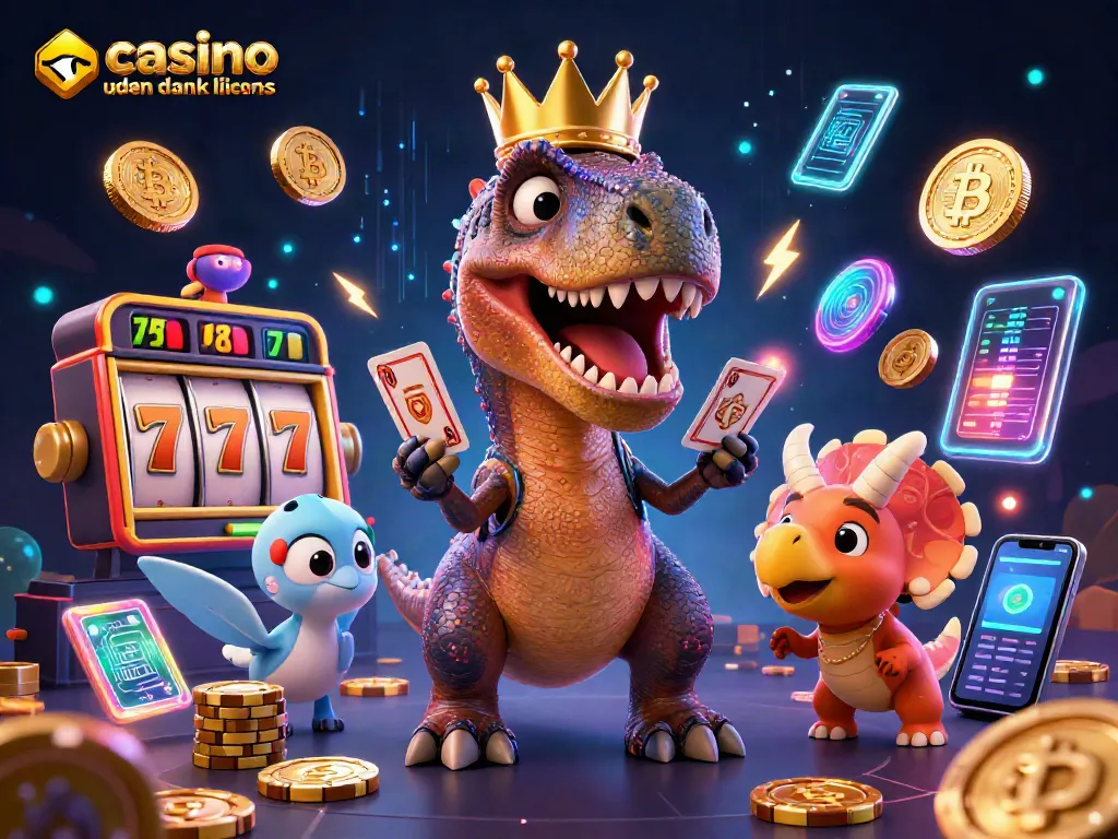 Experience the thrill at casino uden dansk licens with friendly dinosaur characters shuffling cards and stacking chips.