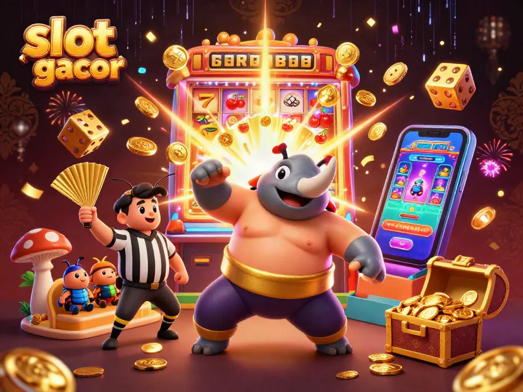 Experience slot online gacor with the exciting beetle champion and jackpot explosions in this vibrant casino scene.
