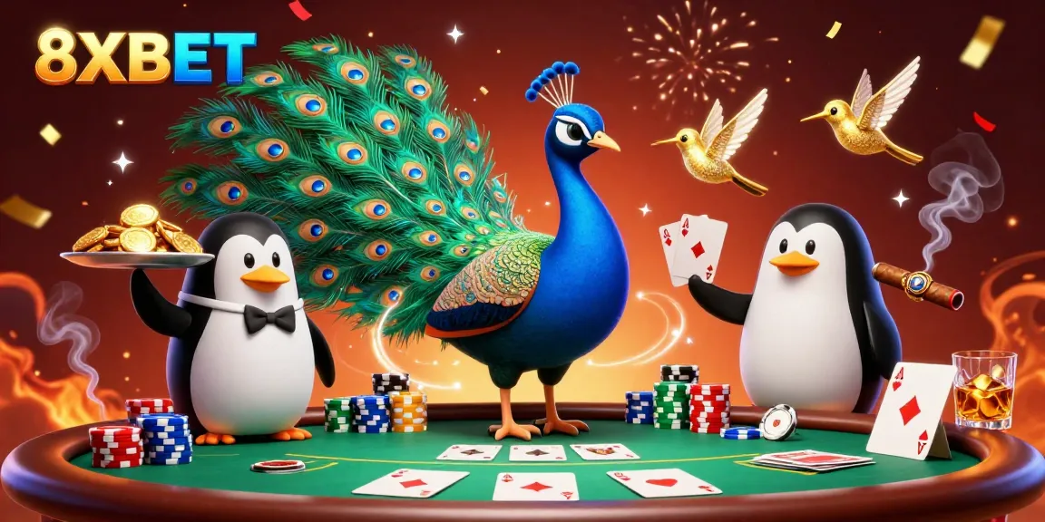 Engage in exciting gameplay at 8XBET with vibrant colors, peacock, and poker elements.