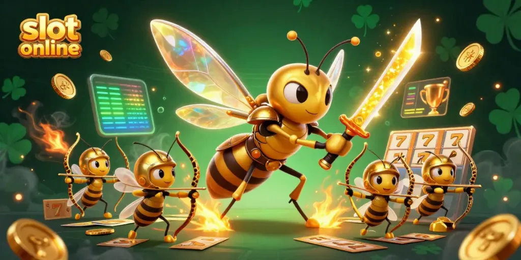 Experience thrilling slot online action with vibrant golden hornet characters amidst dynamic gaming elements.