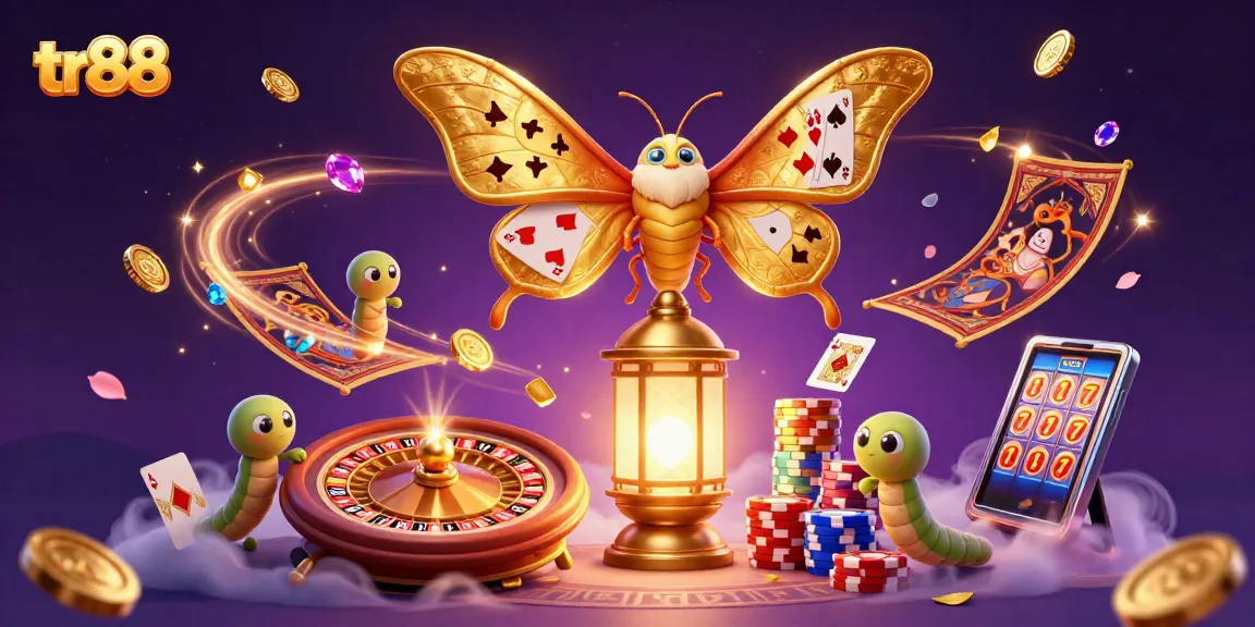 Experience thrilling gameplay with tr88 as giant golden moths soar above a vivid casino landscape.