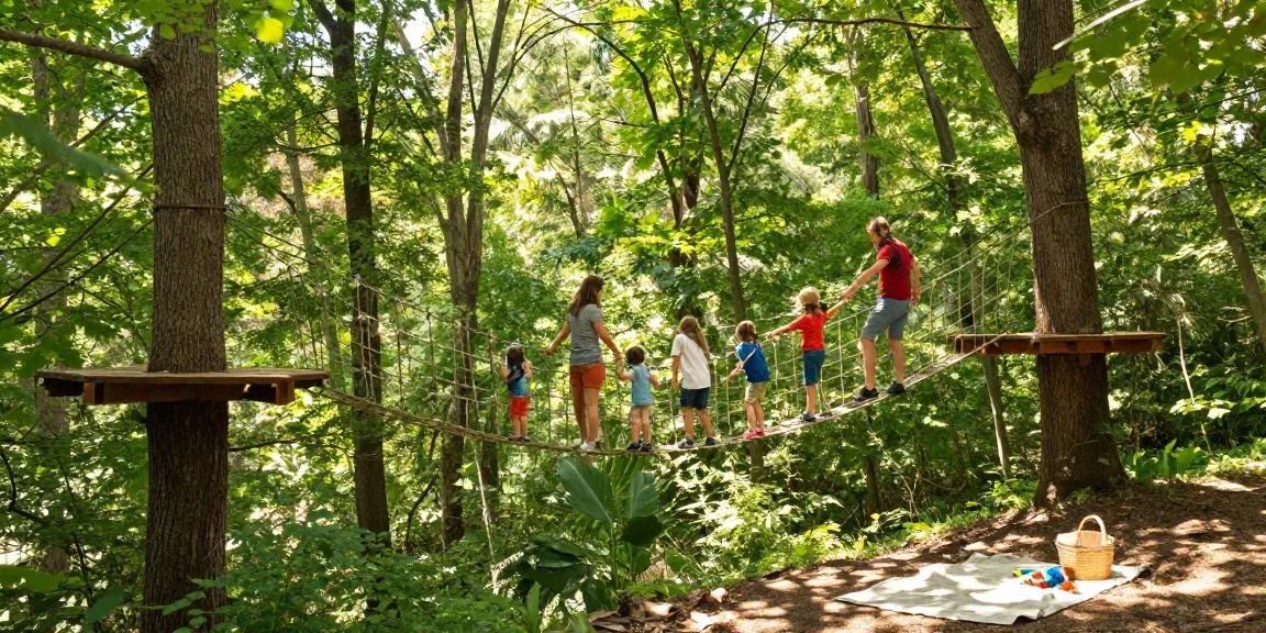 Family crossing a rope bridge in a forest, enjoying outdoor adventure.