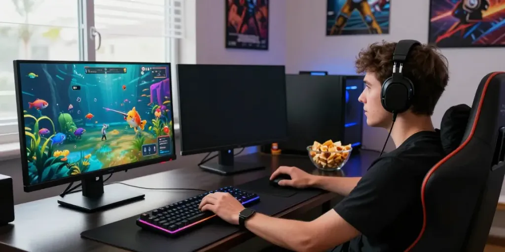 Engaged player at du88 gaming platform shooting fish on a vibrant screen.