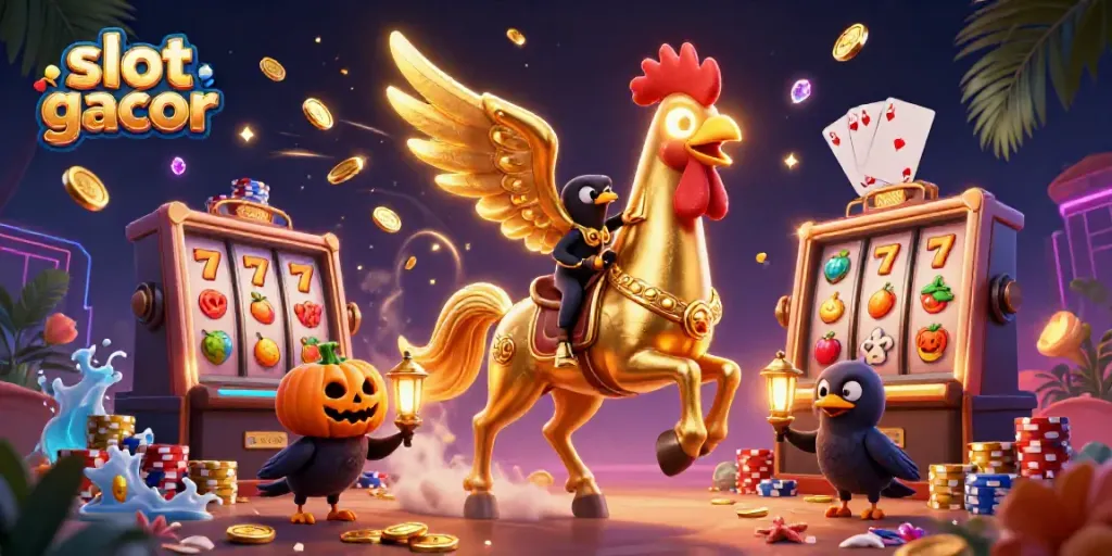 Engage in slot gacor excitement with golden rooster and companions in a vibrant casino scene.
