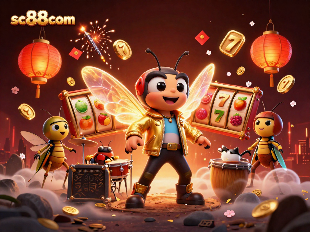 Experience the excitement of sc88com with a vibrant 3D illustration featuring rock star action and casino elements