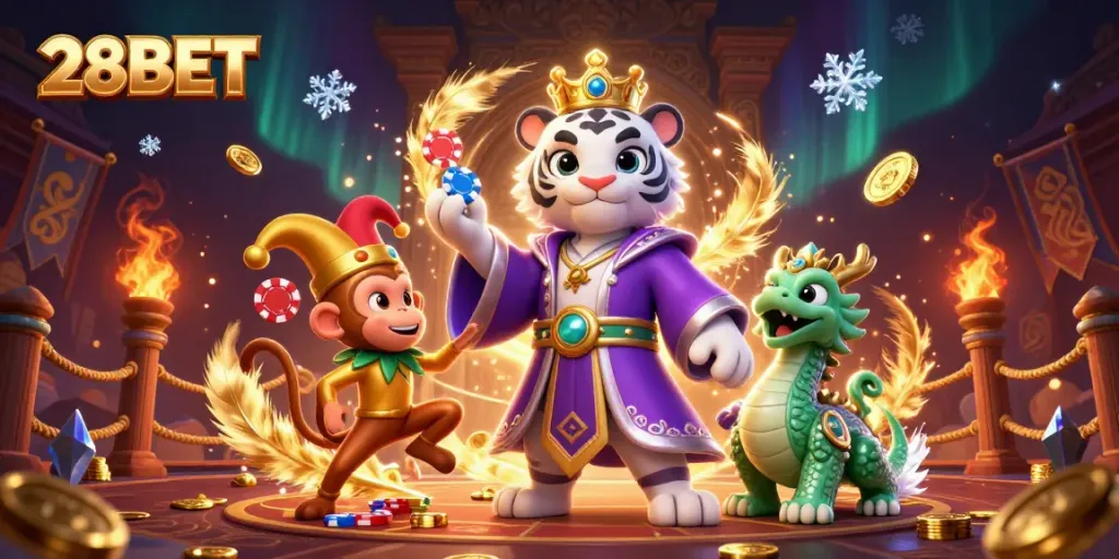 Engage with 28BET’s casino magic, featuring a regal white tiger and playful monkey amidst coins and vibrant elements.