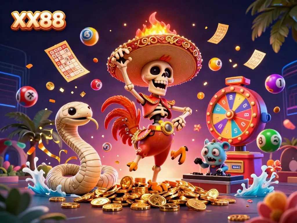 Experience an exciting casino scene with XX88 featuring vibrant characters and dynamic lottery elements.