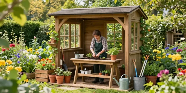 Wooden garden potting sheds surrounded by flowers and a gardener planting seedlings.