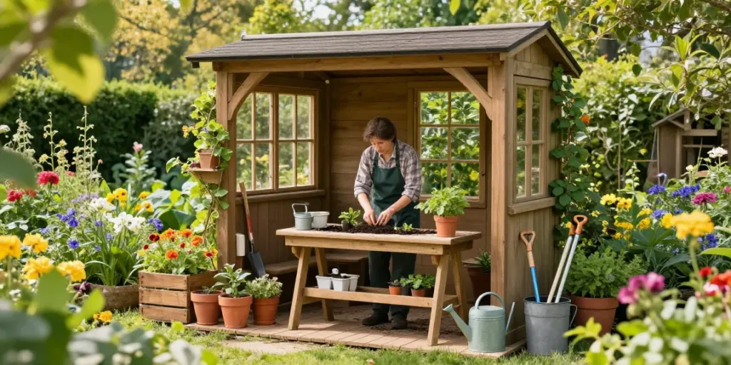 Wooden garden potting sheds surrounded by flowers and a gardener planting seedlings.