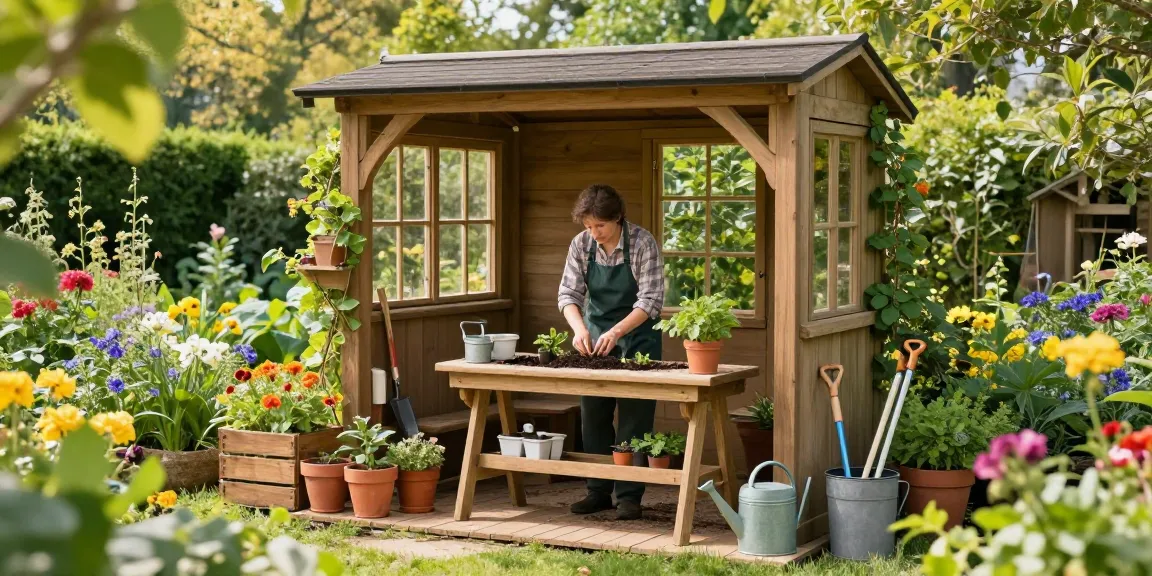 Wooden garden potting sheds surrounded by flowers and a gardener planting seedlings.