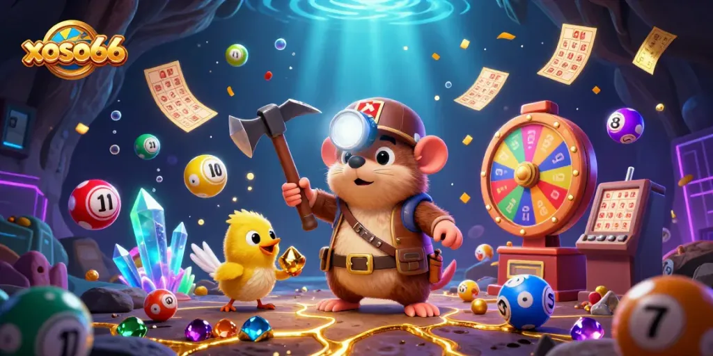 Engage with xoso66 lottery excitement as cartoon characters uncover treasures and vibrant game elements.