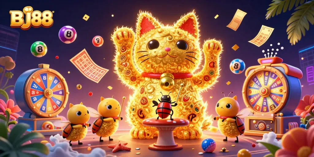 BJ88 showcases a vibrant scene with a lucky cat made of fireflies, dynamic casino symbols, and colorful lottery elements.