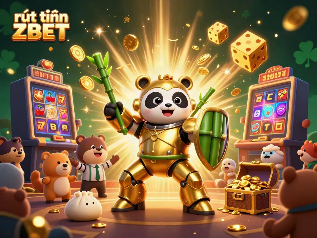 Engage in rút tiền ZBET with a lively casino scene featuring a golden panda robot and slot machine bursts.