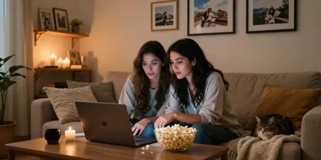 Women enjoying lesbian porn together in a cozy living room setting with warm lighting.