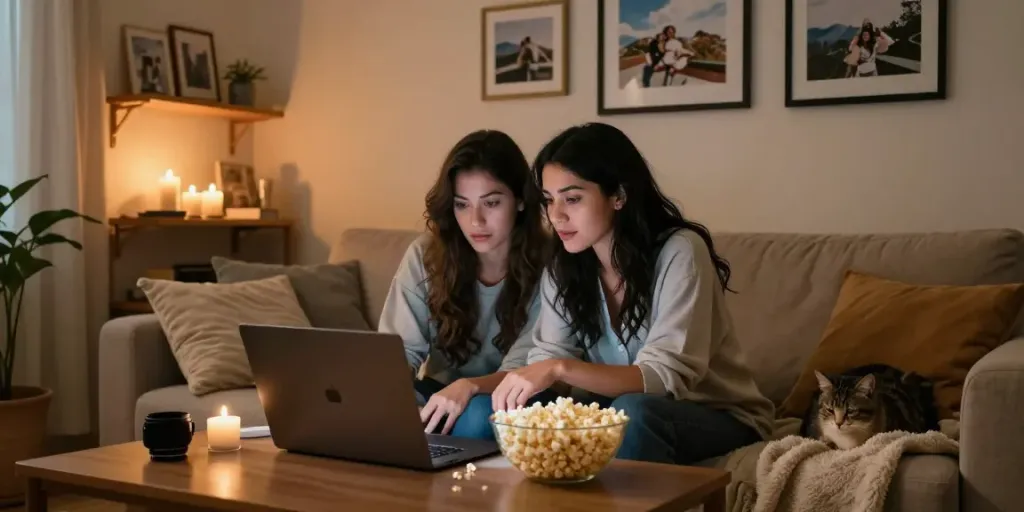 Women enjoying lesbian porn together in a cozy living room setting with warm lighting.