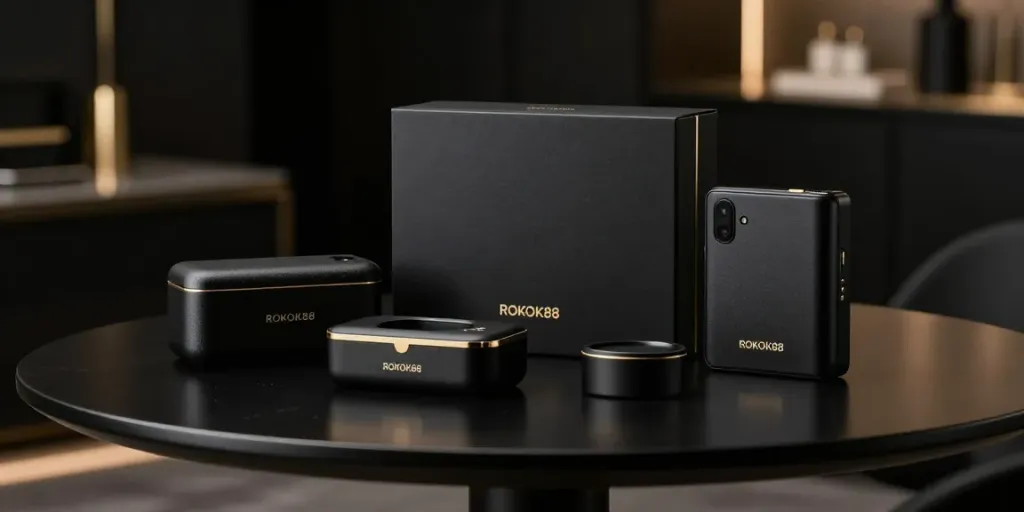 ROKOK88 stylish black-themed product display with gold accents in a luxurious setting
