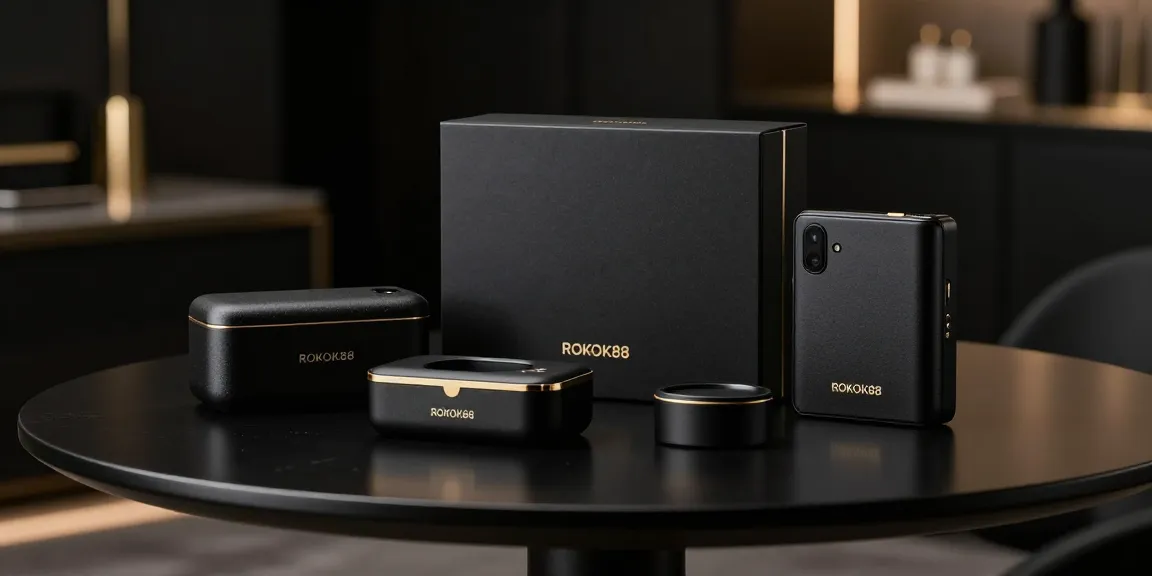 ROKOK88 stylish black-themed product display with gold accents in a luxurious setting