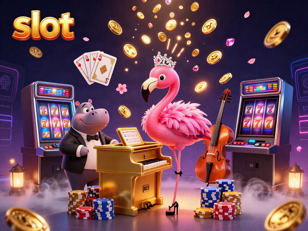 Spin the slots and win big with shining jackpots and colorful characters in a vibrant 3D casino scene.