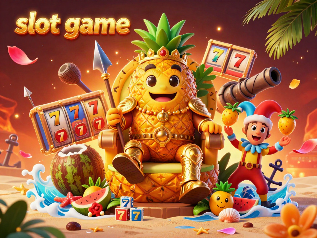 Join the golden pineapple king in this vibrant slot game beach casino scene, featuring tropical visuals and dynamic elements.