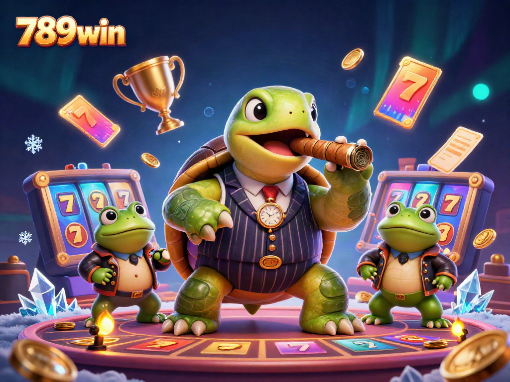 Engage with 789win's thrilling gaming scene featuring a massive turtle mobster and frog enforcers.
