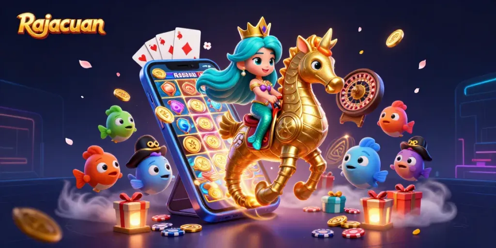 Rajacuan captivates with a vibrant 3D casino scene featuring a mermaid on a seahorse amidst slot game action.