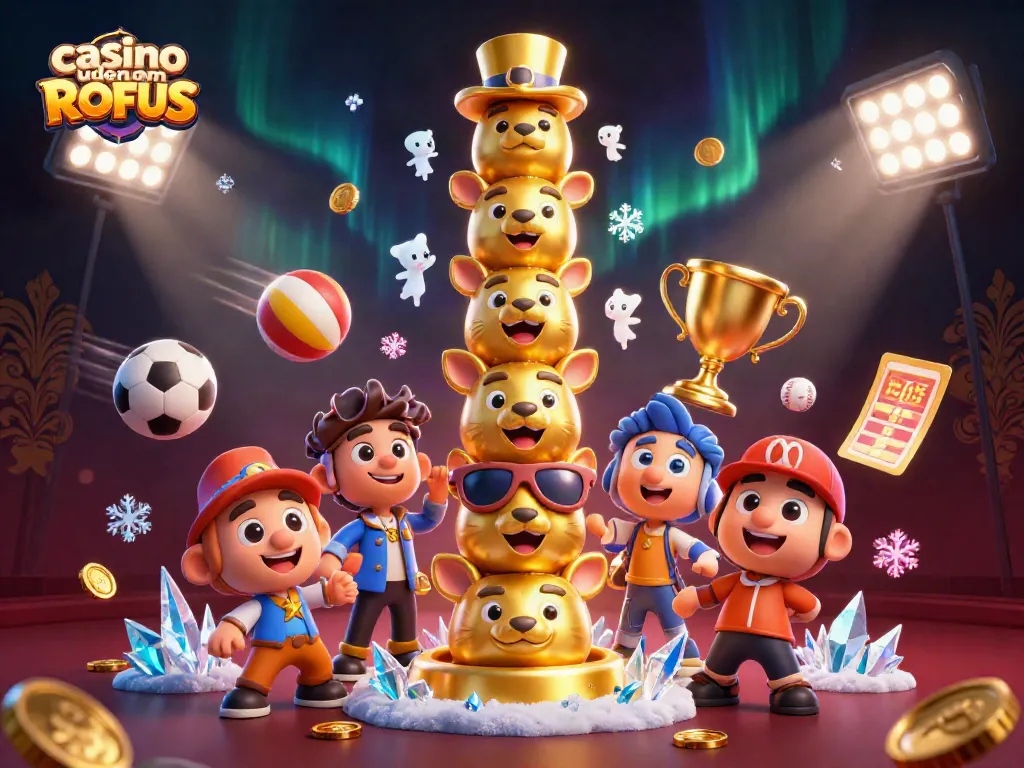Experience thrilling casino uden om ROFUS action with a vibrant 3D illustration of a golden totem pole and dynamic sports elements.