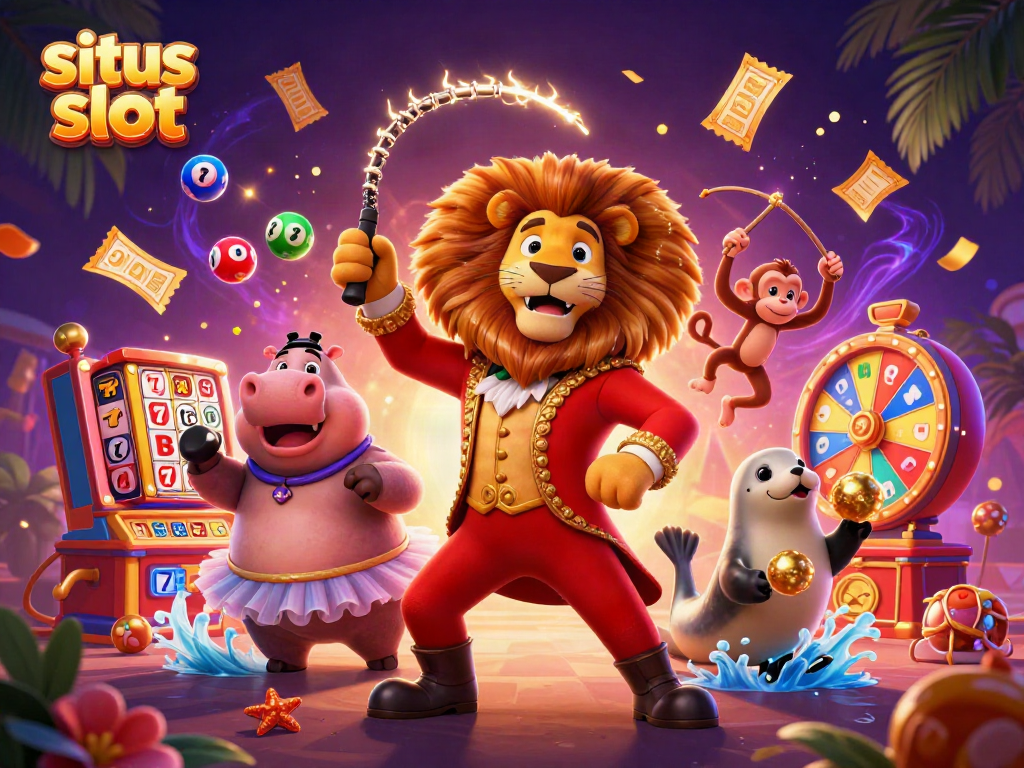Experience excitement at situs slot with a vibrant 3D illustration of lively casino elements and fun characters.