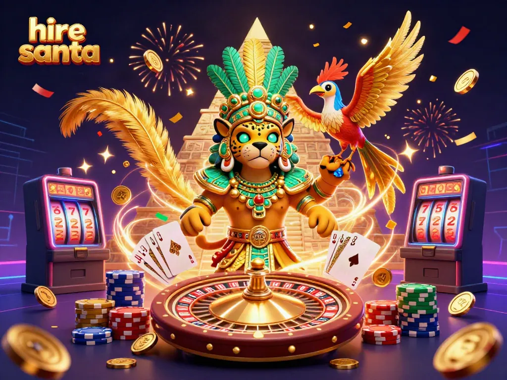 Hire Santa to create festive fun with a dynamic casino scene showcasing colorful game elements.