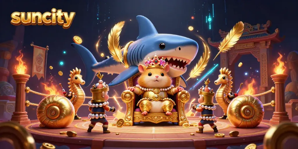 Experience thrilling gaming action with suncity's vibrant 3D illustration featuring a golden hamster king and seahorse guards.