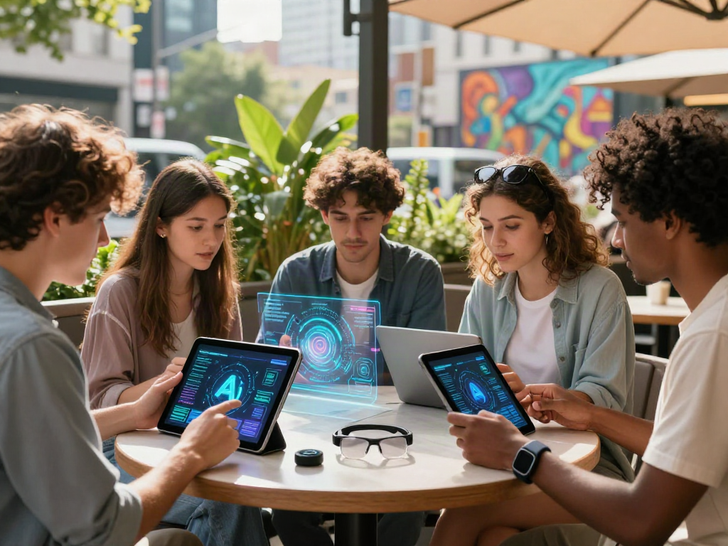 Youth interacting with 18+ ai technology in a modern urban café setting, showcasing tech gadgets and vibrant atmosphere.