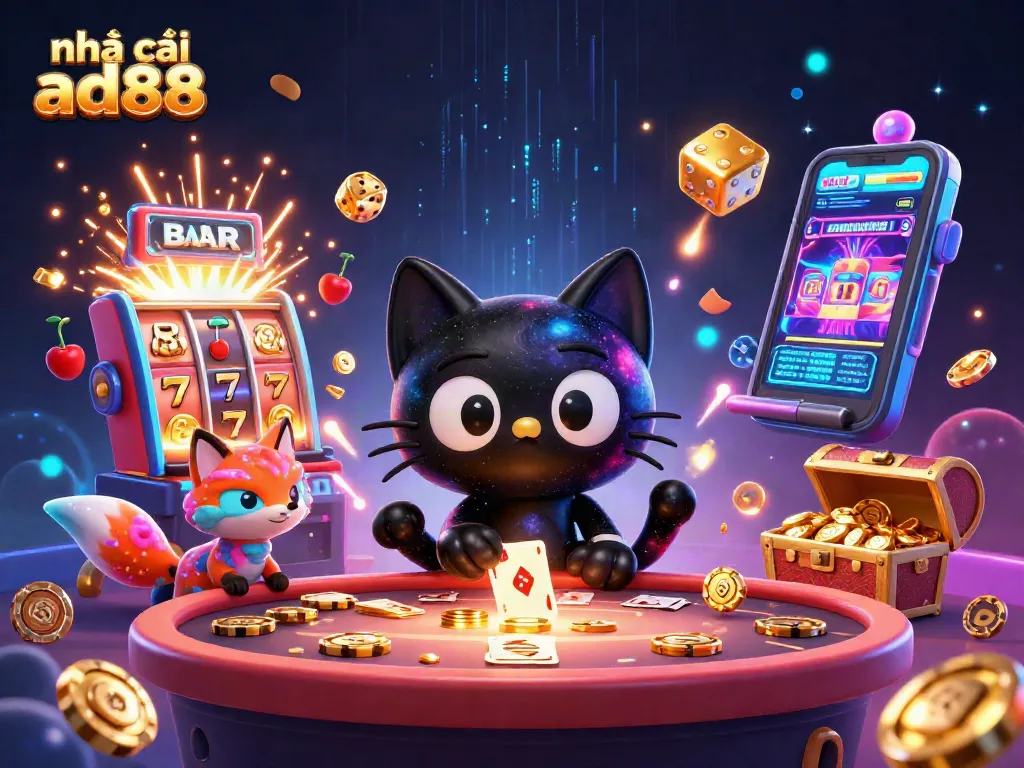 Experience excitement at nhà cái ad88 with a vibrant cosmic casino illustration featuring a black hole cat and magical elements.
