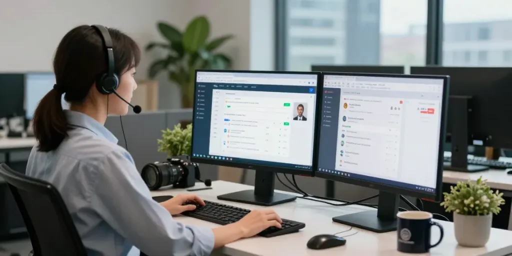 Customer service representative engaging with customers using a customer service chatbot interface in a modern workspace.