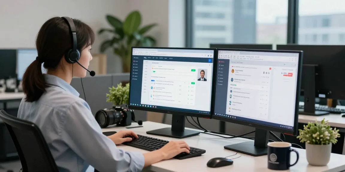 Customer service representative engaging with customers using a customer service chatbot interface in a modern workspace.