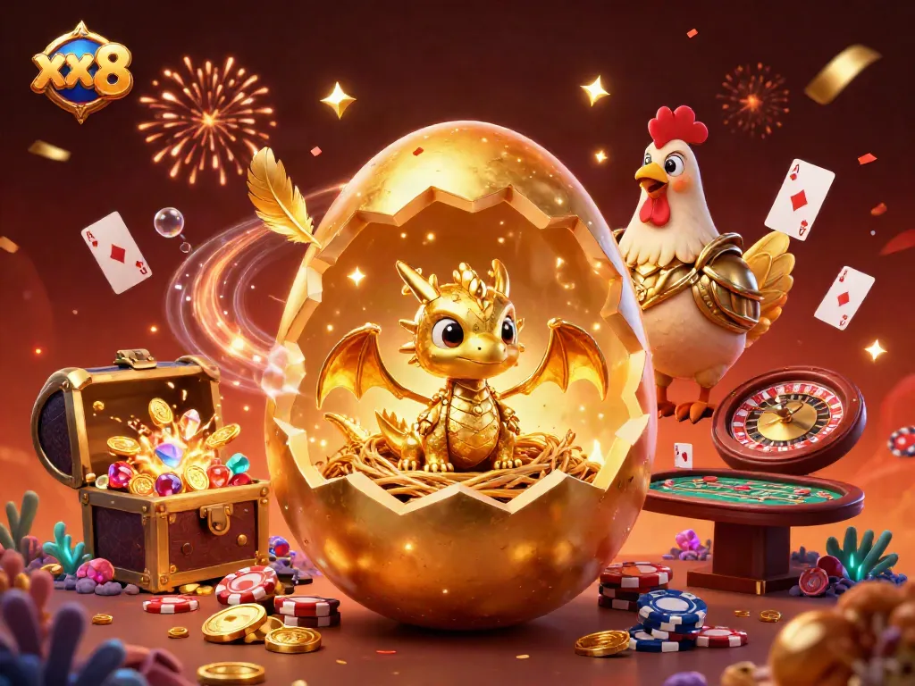 Experience winning at xx 8 with an adventurous illustration of golden characters and casino games.