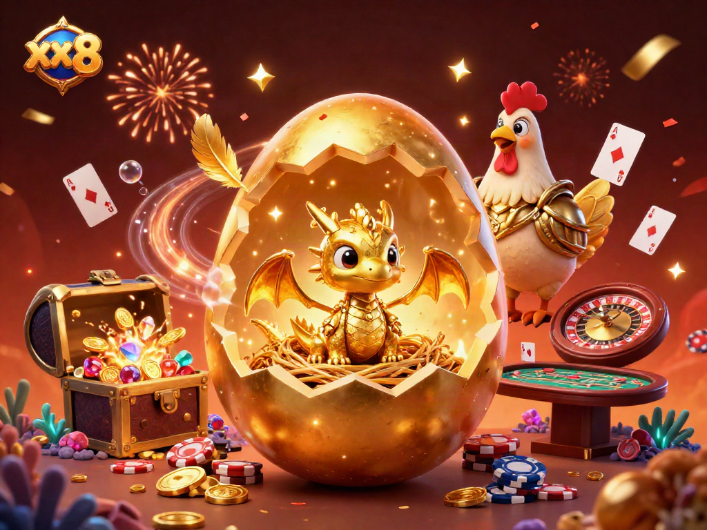 Experience winning at xx 8 with an adventurous illustration of golden characters and casino games.