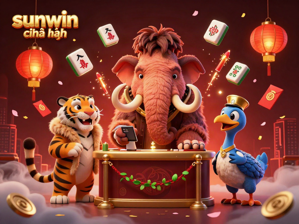 This captivating scene showcases sunwin chính hãng with a woolly mammoth checking IDs at a casino door, surrounded by rich gaming elements.