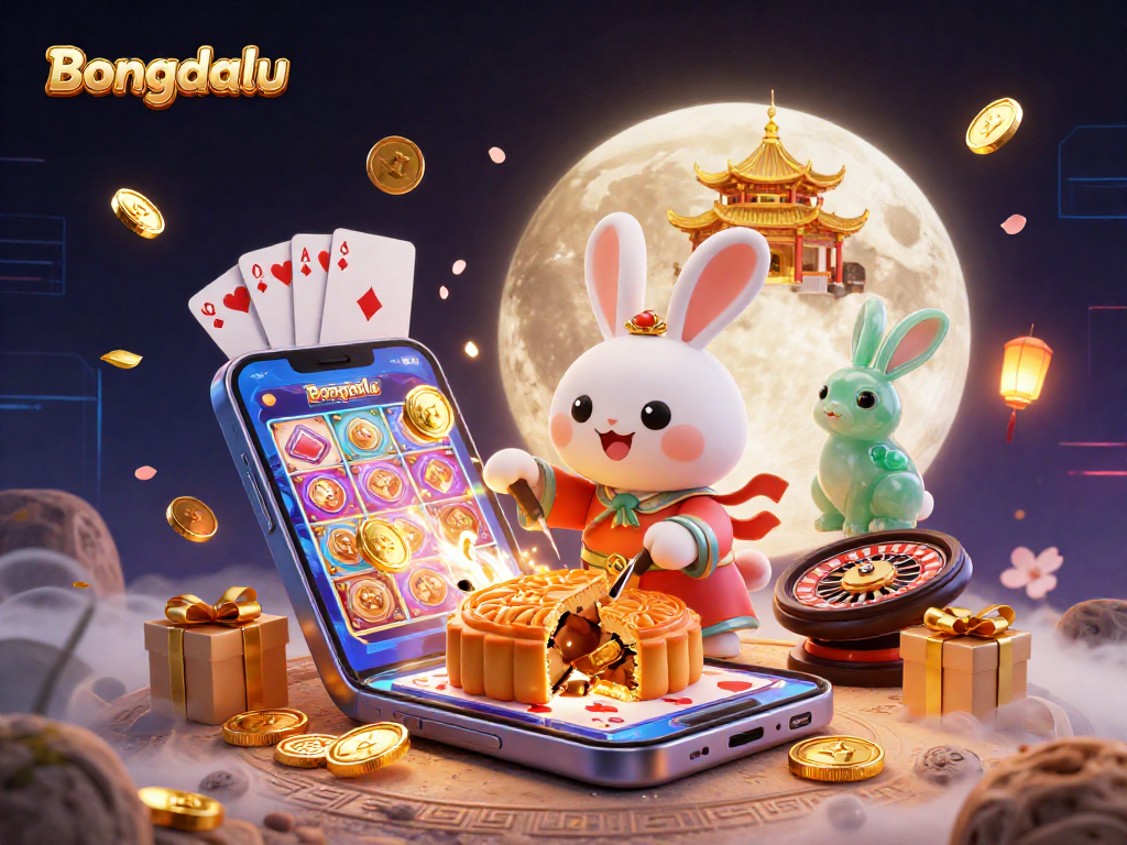 Bongdalu showcases a whimsical scene with a rabbit making mooncakes revealing poker chips amid vibrant gaming elements.