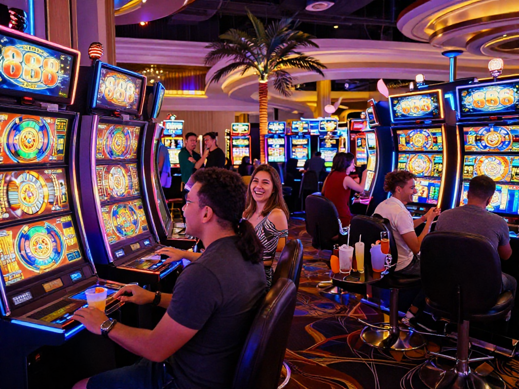 Friends enjoying exciting slot88 games in a lively casino atmosphere.