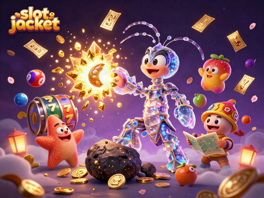Experience the thrill of slot jackpot with a vibrant 3D scene filled with coins and thrilling game symbols.