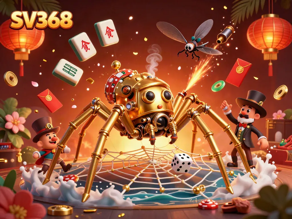 SV368 showcases an energetic casino scene with a steampunk spider and poker elements.