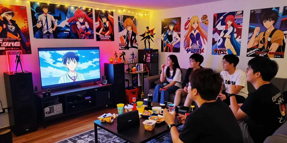 Fans enjoying anime together at https://animehay.zip/ viewing party with vibrant decorations and snacks.
