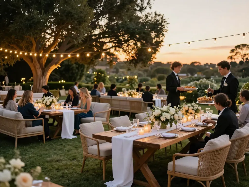 Event furniture rental showcased in an elegant outdoor setup with tables, chairs, and beautiful decor.