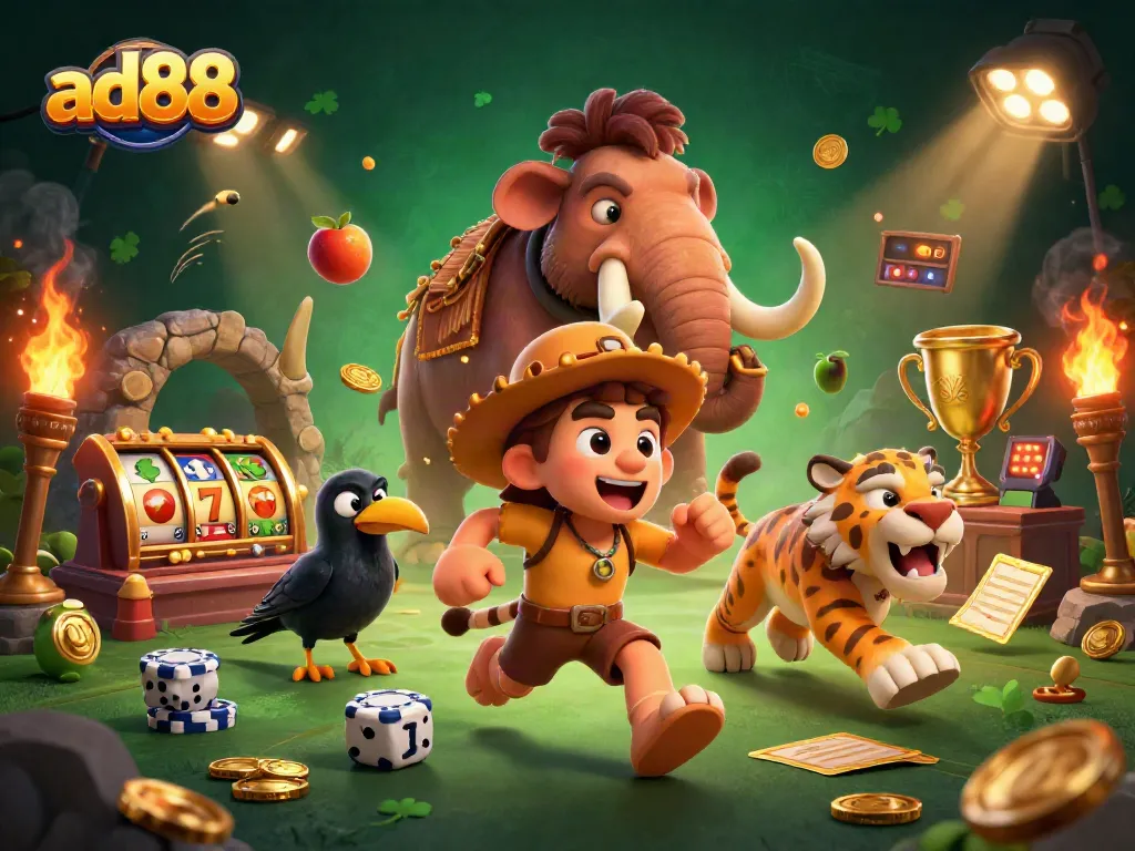 Experience the thrill of gambling at ad88 with a caveman and sabertooth tiger running a prehistoric casino.