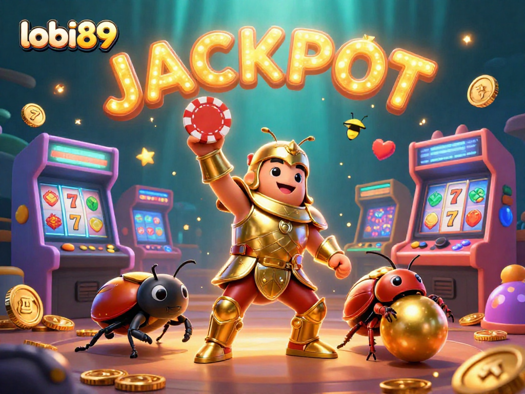 Permainan menyenangkan lobi89 dengan jackpot dan simbol slot, pengalaman bermain yang terlindungi.
