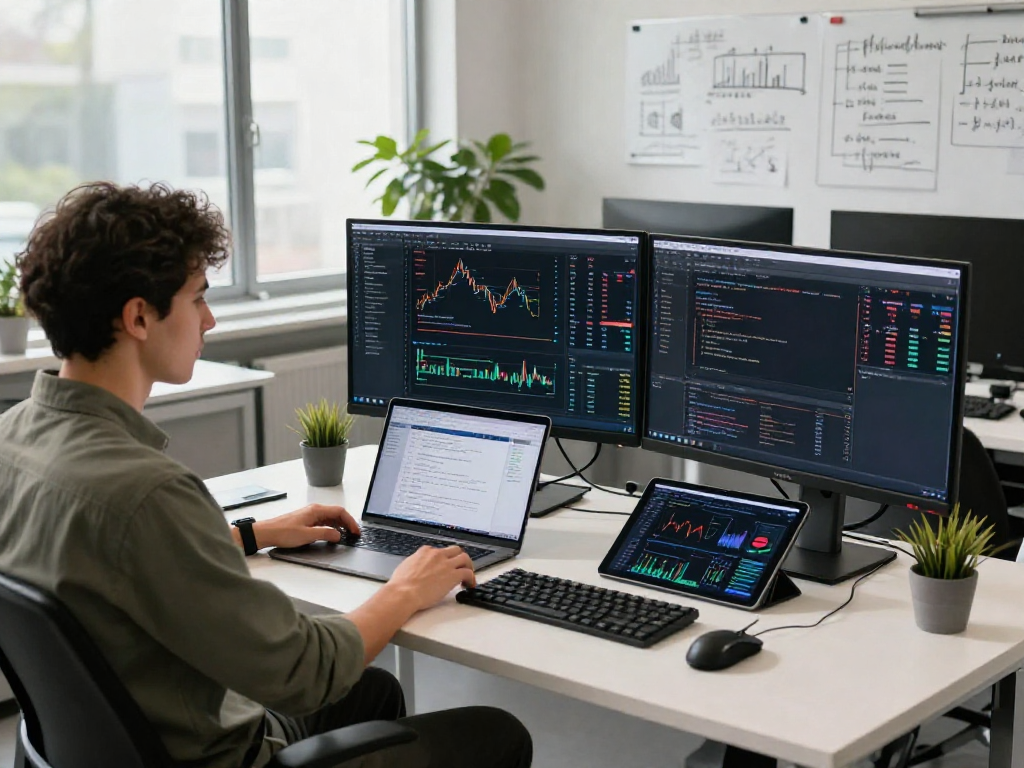Developer utilizing WebSocket streaming market API in a modern financial data lab.