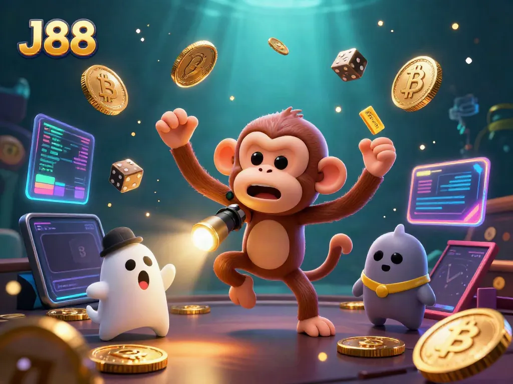 Engage with the thrilling world of J88 where a mischievous monkey juggles golden coins in a vibrant casino atmosphere.