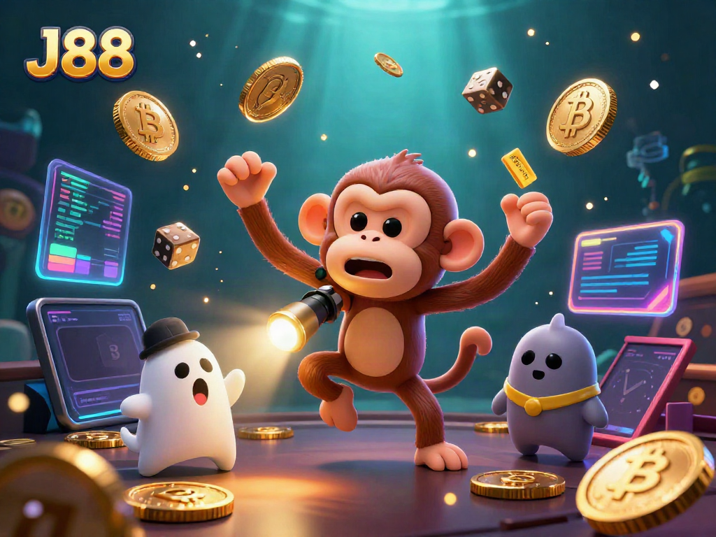 Engage with the thrilling world of J88 where a mischievous monkey juggles golden coins in a vibrant casino atmosphere.