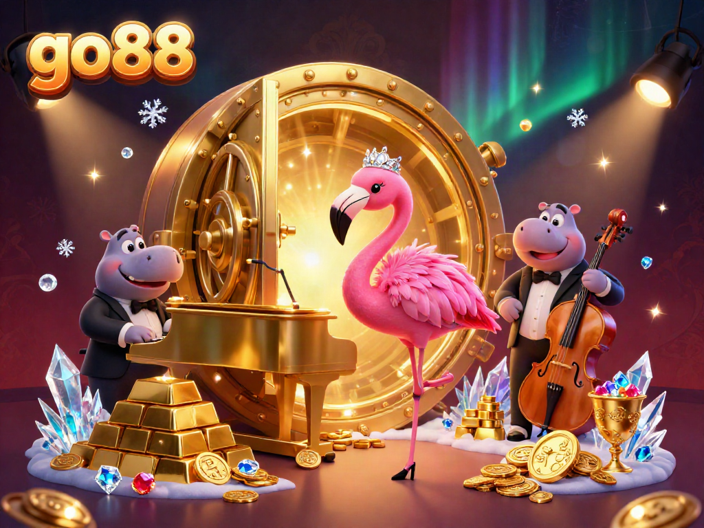 Experience go88 magic in a vibrant casino scene with a flamboyant flamingo singer and hippo bassist.