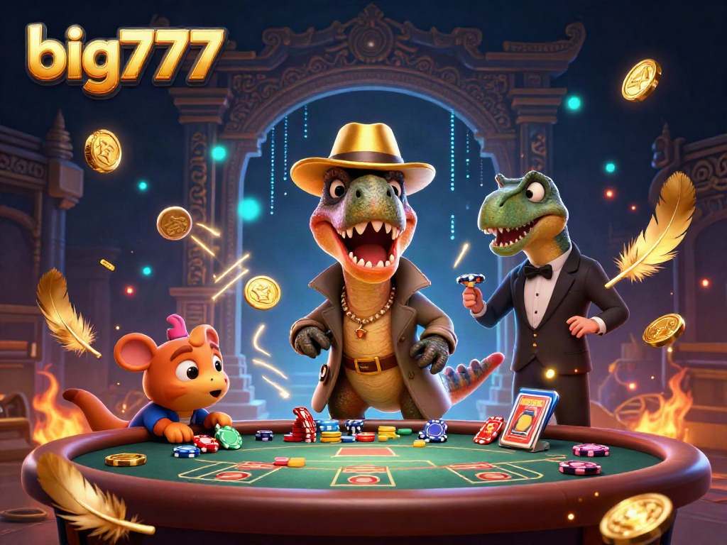 Experience big777 slot action with a cartoon velociraptor at a blackjack table, chips flying everywhere!