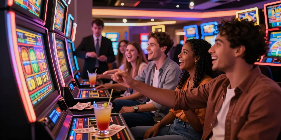 Friends celebrating at a lively casino with situs slot terpercaya slot machine, vibrant atmosphere, and cocktails.